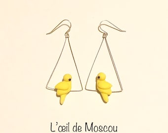 boucles d'oreilles créateur oiseau jaune sur fil, argent 925