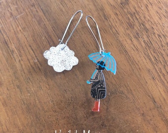 Mismatched earrings "ladies with a blue umbrella and her cloud", shrink plastic, stainless steel