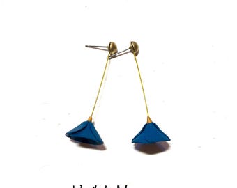 earrings, petrol blue poppies, pierced ears