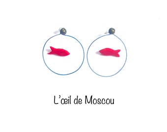 boucles d'oreilles, petit poisson rouge dans son bocal, fait-main, oreilles percées