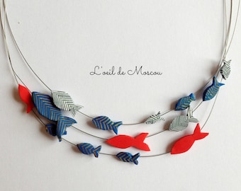 designer necklace, school of blue and striped goldfish, hand-modeled elements