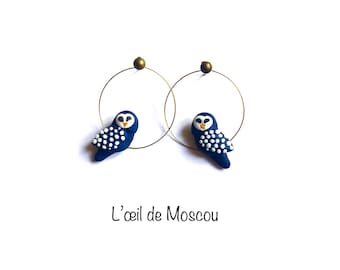 owl earrings, navy blue and white