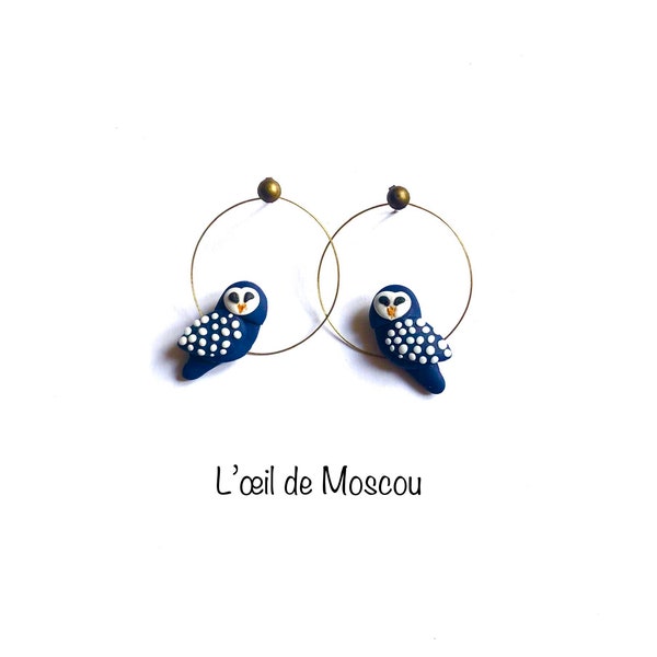 boucles d'oreilles chouette, bleu marine et blanche