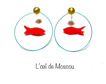 earrings, small goldfish in its bowl, handmade, pierced ears, stainless steel