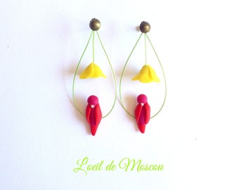 boucles d'oreilles créateur oiseau tropical sous sa fleur