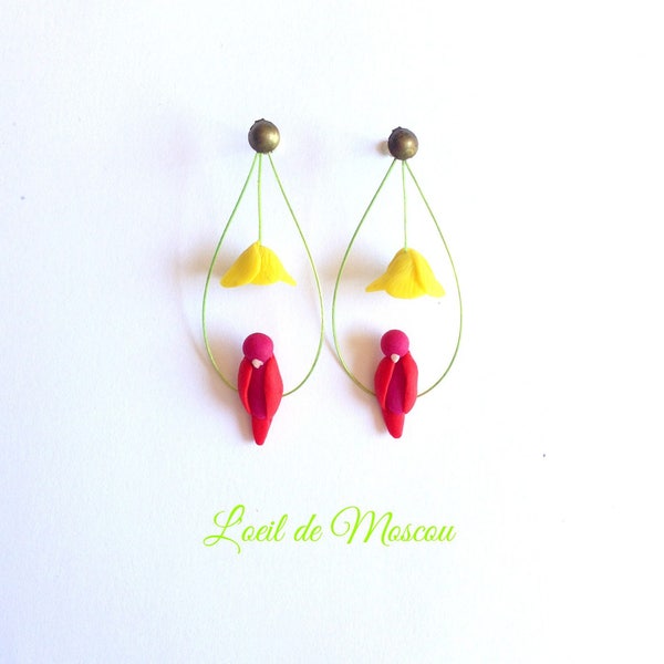 boucles d'oreilles créateur oiseau tropical sous sa fleur