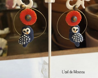 navy blue and white owl earrings, red Japanese flower