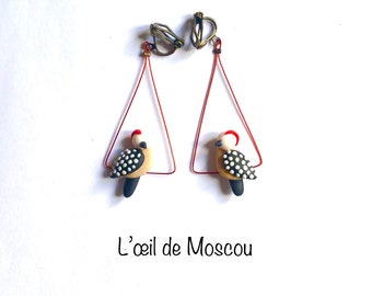 boucles d'oreilles créateur oiseau sur fil, pic épeiche, clips pour oreilles non percées