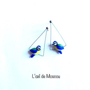 designer bird earrings on wire, blue tit