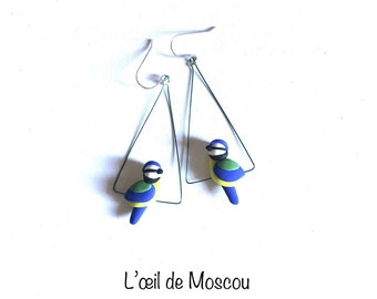 boucles d'oreilles créateur oiseau sur fil, mésange bleue, argent 925