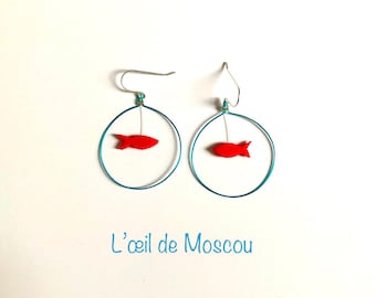 goldfish in bowl earrings, pierced ears, 925 silver