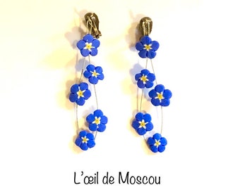 forget-me-not earrings in clusters, small blue flowers, clips for non-pierced ears