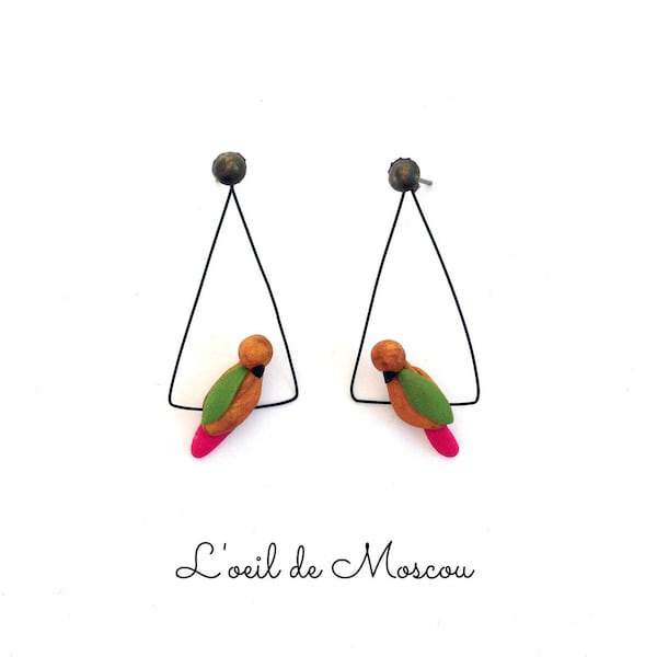 Boucles d'oreilles créateur oiseau sur fil, 5cm, pâte polymère