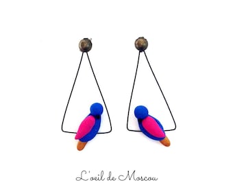 designer earrings colorful bird on wire, handmade, stainless steel support