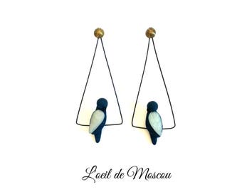 designer midnight blue bird earrings on wire, stainless steel support