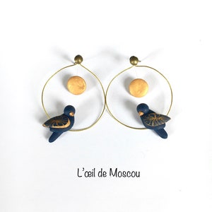 designer midnight blue and gold moonlight bird earrings, hand modeled