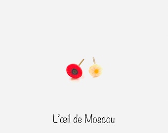 Mismatched daisy and poppy earrings, stud earrings for pierced ears
