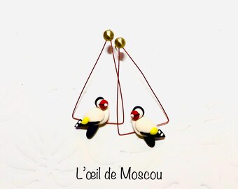Designer bird earrings on a wire, elegant goldfinch, stainless steel setting