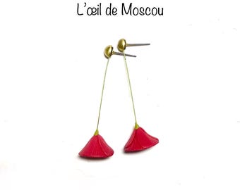earrings, raspberry red poppies, pierced ears