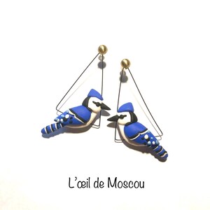 bird earrings, the blue jay, hand-modeled