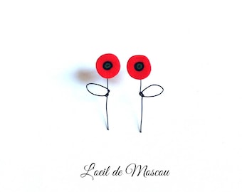 poppy earrings with stems, original creation, stainless steel support