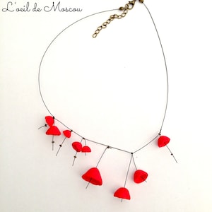 Original creation necklace with red poppies and bells on black thread