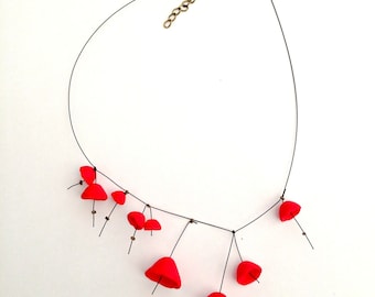 Original creation necklace with red poppies and bells on black thread