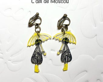 Clip-on earrings for unpierced ears, "The Little Ladies with the Yellow Umbrella"