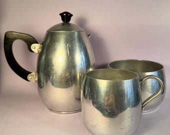 Pearl Art Deco Aluminium Tee-Set, britische Kaffeekanne, Zuckerdose, Sahnekännchen