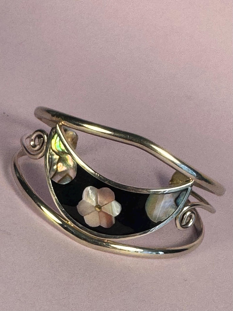 Alpaca Silver abalone shell bangle Hencho en Mexico vintage 1970s image 5
