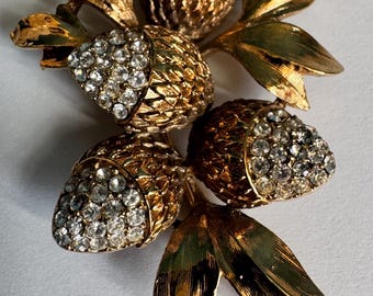 Vintage Brosche Eichel diamanté goldfarben