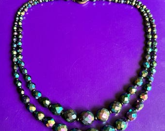 Doppelstrangige schwarze Aurora Borealis Halskette Vintage Vintage 1960er Jahre
