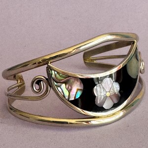 Bransoletka z alpaki i muszli abalone w kolorze srebrnym, Hencho en Mexico, rocznik 1970