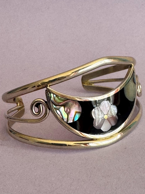Alpaca Silver abalone shell bangle Hencho en Mexico vintage 1970s