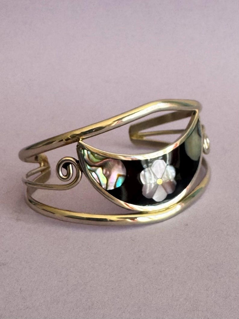 Alpaca Silver abalone shell bangle Hencho en Mexico vintage 1970s image 4