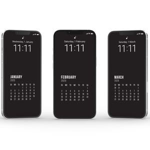 2025 Calendar iPhone wallpaper bundle, 13 pieces, calendar with black and white colour scheme, home screen, lock screen, phone background