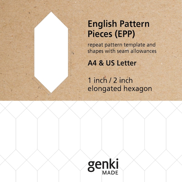 1 x 2 inch langwerpige zeshoek - English Paper Piecing (EPP) instant download, afdrukbare A4- en US Letter-pdf-sjablonen