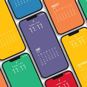 2025 Calendar iPhone wallpaper bundle, 18 pieces, calendar and solid colours, rainbow colours, home screen, lock screen, phone background