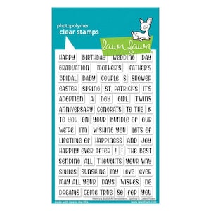 Op de afbeelding: Transparante fotopolymeer stempels met diverse teksten voor het maken van kaarten. Bevat zinnen als "Happy Birthday", "Wedding Day" en "Happily Ever After". Met Lawn Fawn logo en een herten illustratie. Gemaakt in de VS.