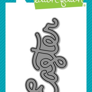 May include: A gray metal die cut featuring the word "Hello" in a cursive script. The image includes the Lawn Fawn logo, a deer, and the text "Scripty Easter". The product is from Lawn Cuts, a custom craft die company.