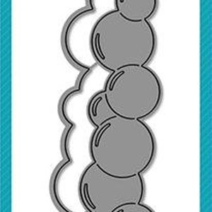 May include: A die cut for crafting featuring a border of overlapping circles and a wavy edge. The die is made of metal and is designed to be used with a die-cutting machine. The die is labeled "Bubble Border" and is a product of Lawn Fawn.