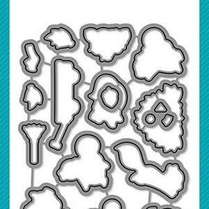 May include: Lawn Fawn Lawn Cuts die set for crafting. The set includes 14 dies in various shapes, including clouds, trees, and a birdhouse. The dies are made of metal and are designed to be used with a die-cutting machine.