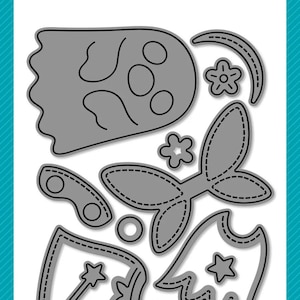 Può includere: Una collezione di fustelle grigie personalizzate per creare costumi. Il set include varie forme come ali, una bacchetta e una stella. Il testo "lawn cuts" e "Build-A-Critter More Costumes" è visibile.