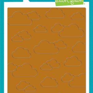 May include: A brown hot foil plate with a cloud background. The plate features multiple cloud outlines in various sizes. The text "hot foil custom craft plates" is at the top. The Lawn Fawn logo is in the upper right corner. The text "made with care in the USA" is at the bottom.