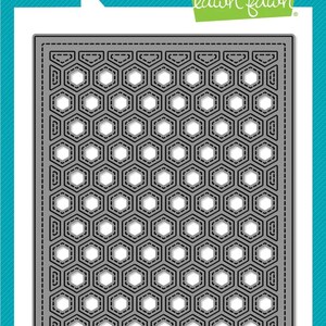 May include: A grey metal honeycomb backdrop die with a dotted border. The die features a repeating pattern of hexagonal shapes with white centres. The text "lawn cuts custom craft dies" and "lawn fawn" are visible. Made in the USA.