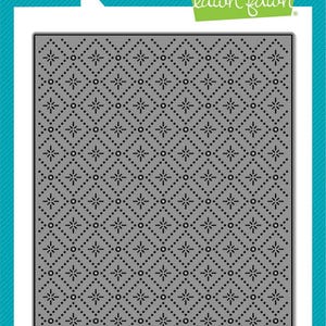 May include: A gray metal craft die with a repeating diamond pattern. The design features small dots and starburst shapes. The words "lawn cuts custom craft dies" are at the top.