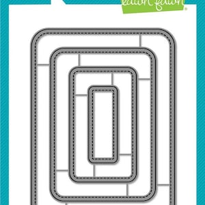May include: A set of gray metal craft dies with a stitched rectangle design. The dies are nested within each other, creating a layered effect. The text "lawn cuts custom craft dies" is at the top. The Lawn Fawn logo is in the upper right corner.