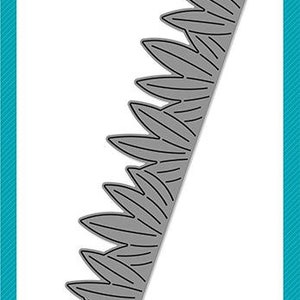 May include: A die-cut border featuring a repeating pattern of tropical leaves. The die cut is made of metal and is designed for use with a die-cutting machine. The die cut is labeled "Slimline Tropical Leaves Border" and is a product of Lawn Fawn.