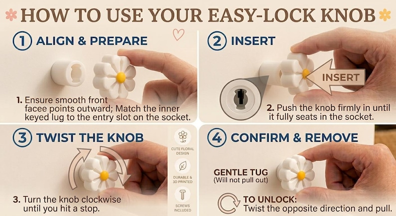 K&ouml;nnte beinhalten: Eine Anleitungsgrafik mit dem Titel HOW TO USE YOUR EASY-LOCK KNOB zeigt in vier Schritten die Montage eines wei&szlig;en, g&auml;nsebl&uuml;mchenf&ouml;rmigen Knaufs mit gelber Mitte. Die Schritte umfassen Ausrichten, Einsetzen, Festdrehen und das Pr&uuml;fen des Sitzes.