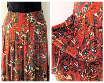 1990s MIDI SKIRT~Red Based Print Skirt w. Soft Pleats & Button Feature~ Vintage sz 16 Waist 32ins/82cms *Made in Australia* Plus Size Volup